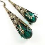 Emerald Green Earrings Brass Filigree Leverback..