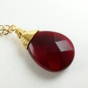 Ruby Red Quartz Gold Necklace Gem Stone Jewelry 14k Gold Red and Gold Large Drop Ruby Red Jewelry